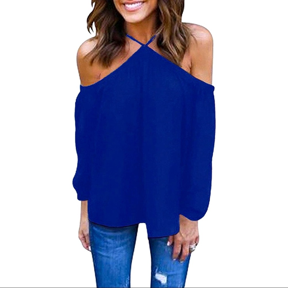 Vemvan Women's Spaghetti Halter Off The Shoulder Blouse, Royal Blue, Size Large